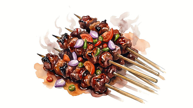 Indonesian Sate Kambing Lamb Satay Skewers Watercolor Clipart