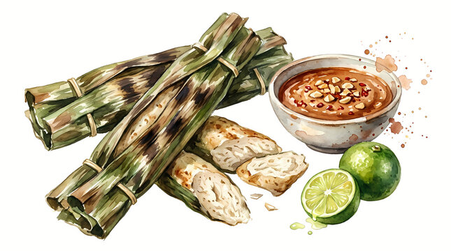 Indonesian Otak Otak Grilled Fish Cake Watercolor Clipart
