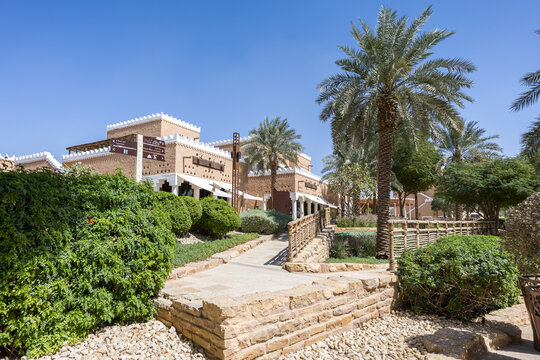 Riyadh restaurants at Al Bujairi terrace in the historic district of At-Turaif UNESCO World Heritage site in Riyadh, Saudi Arabia