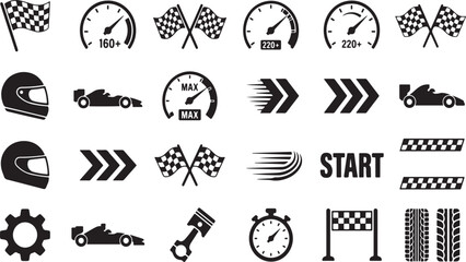 Fototapeta premium Racing Icon Set with Speedometer, Formula Car, Helmet, and Checkered Flag Vector Elements