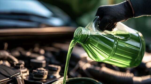 A gloved hand pours green coolant fluid from a clear bottle into a car's engine compartment.