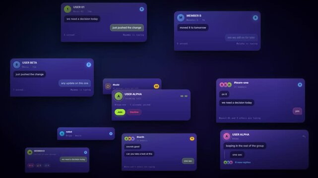 Team chat message notifications piling up on dark screen with unread conversation backlog counter