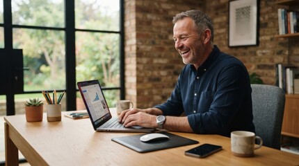 Fototapeta premium A cheerful middle-aged man working happily on a laptop in a bright, modern home office with natural light, ideal for lifestyle marketing, web design, and corporate presentations.