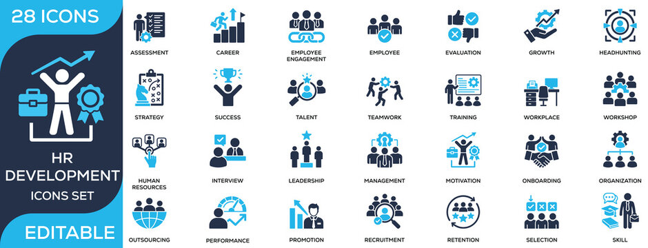 HR development solid icon set featuring recruitment, employee training, career growth, leadership, onboarding, and talent management. Flat vector icons for HR and workplace projects.
