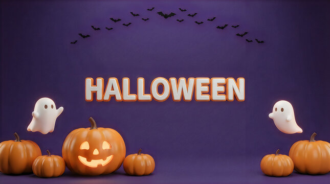 Halloween Scene with Pumpkins and Ghosts 3D Illustration