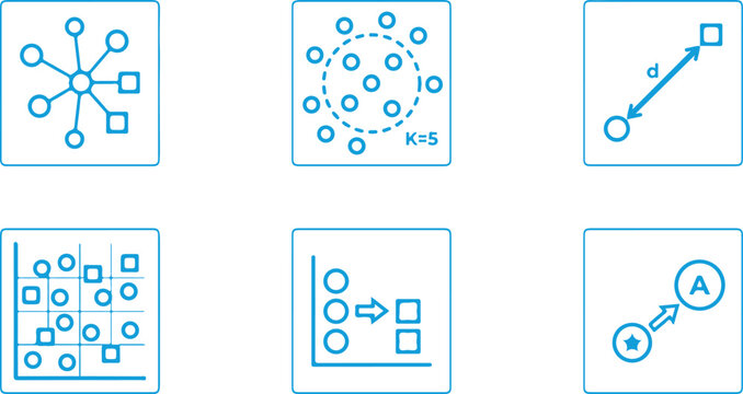 K-Nearest Neighbors machine learning algorithm and KNN classification black outline icons set