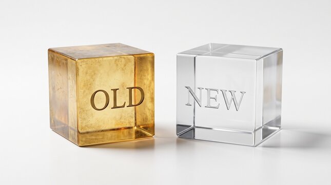 Minimalist glass cubes with old and new text, gold and clear crystal blocks, concept of transformation and upgrade on white background