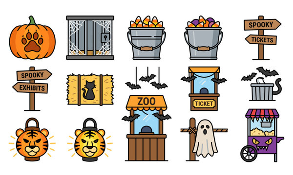 Halloween zoo festival flat vector illustration set