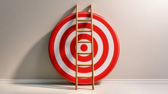 A wooden ladder leans against a large red and white target, symbolizing goals and achievement.