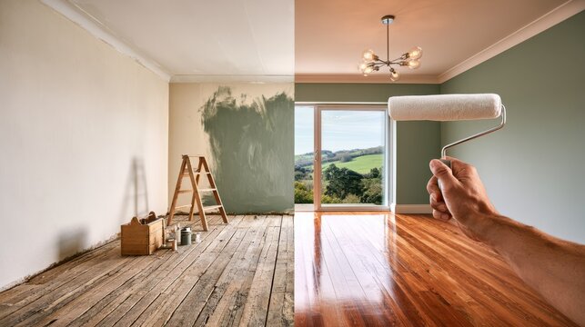 A split-view image showing a room transitioning from old wooden floors and unpainted walls to polished hardwood floors and freshly painted walls with a green shade.