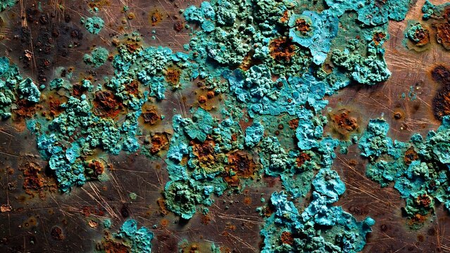Detailed Macro Texture of Oxidized Copper Plating with Vibrant Turquoise Patina Blooms and Deep Rust Orange Spots