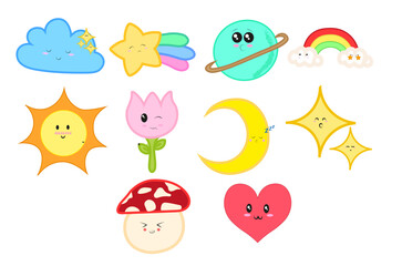 Fototapeta premium Cute Weather and Celestial Characters Vector Set