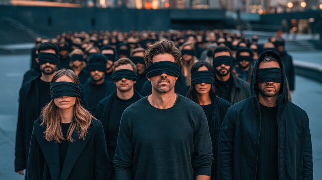 A large group of diverse people wearing black blindfolds stand closely together outdoors, evoking themes of unity, uncertainty, and blind trust.