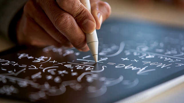 Professional scientist hand using white digital stylus pen for solving complex mathematical equations on tablet screen