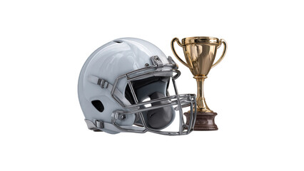 Fototapeta premium Glossy american football helmet and golden trophy cup with white football on transparent background