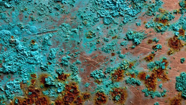 Detailed Macro Texture of Oxidized Copper Plating with Vibrant Turquoise Patina Blooms and Deep Rust Orange Spots