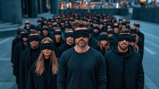 A large group of people dressed in black stand blindfolded on an urban street, conveying themes of unity, anonymity, and uncertainty.