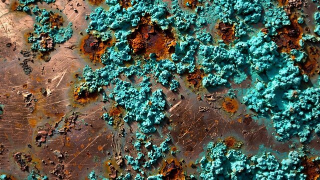 Detailed Macro Texture of Oxidized Copper Plating with Vibrant Turquoise Patina Blooms and Deep Rust Orange Spots