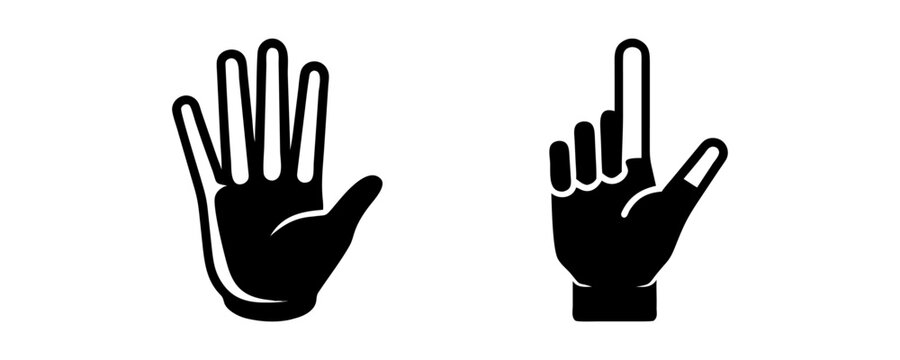 Two minimalist black silhouette hand icons in a simplified geometric style: an open five-finger palm and a raised pointing index finger