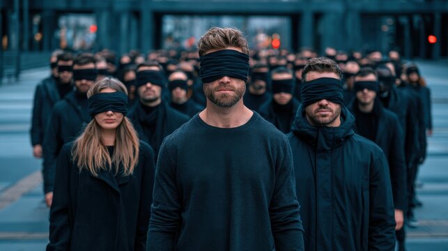 A group of people standing outdoors wearing black clothes and blindfolds, symbolizing uncertainty or lack of awareness.