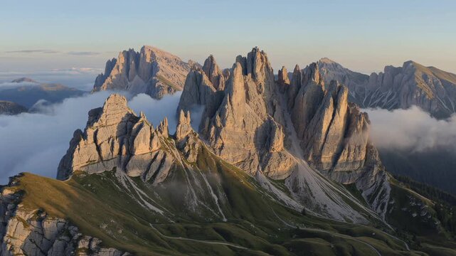 Cinematic view of the dramatic limestone formations of Seceda in the Italian Dolomites with morning clouds and soft sunlight moving across the peaks.
