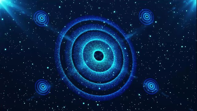 breathtaking journey through a glowing blue galaxy, futuristic spiral rings surrounded by stars and cosmic particles, deep space exploration, mysterious nebula and endless universe in 3d
