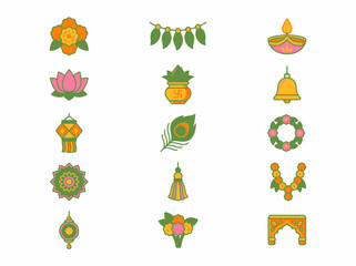 Fototapeta premium Diwali Festival Icon Set with Traditional Indian Celebration Elements and Decorative Ornaments