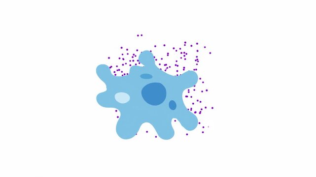 Microscopic blue cells with moving purple particles on white
