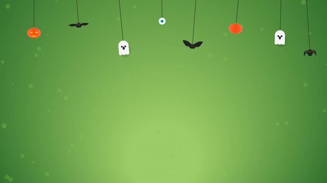 Cute Halloween background with hanging ghosts pumpkins and bats on a green gradient surface
