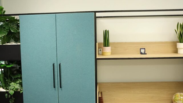 Clean office shelfs cabinets pan around workspace