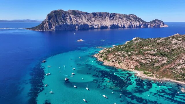 Aerial panoramic view of Molara and Tavolara islands in Sardinia, Italy