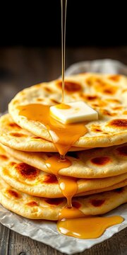 Golden naan bread stack with butter and honey drips, naan, foodie