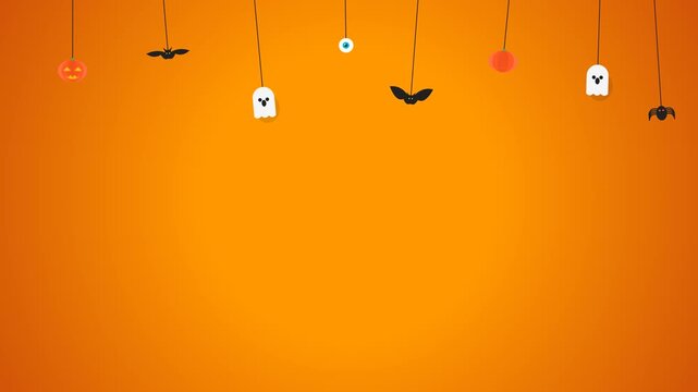 Minimalist Halloween background with hanging cartoon icons on a bright orange gradient background