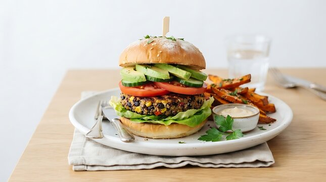 Delicious homemade veggie burger served on a white ceramic plate with crispy sweet potato fries and a savory dipping sauce on a wooden kitchen table