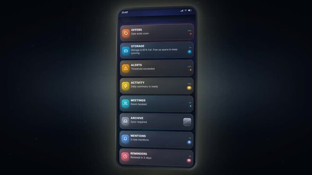 Smartphone lock screen overflowing with endless app notifications glowing in a dark room