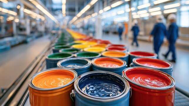 Open cans of colorful paint lined up on a production line in a large, bright industrial factory with workers in the background.