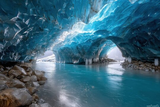 Turquoise Ice Cave with Flowing River
