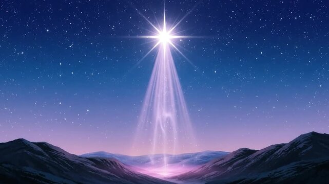 Bright christmas star shining in the night sky over mountains with a beam of light