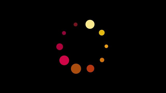 Loading spinner made of colorful circular dots in shades of orange, yellow, and red rotates against a solid black background, symbolizing an active digital process or a pending computer action.