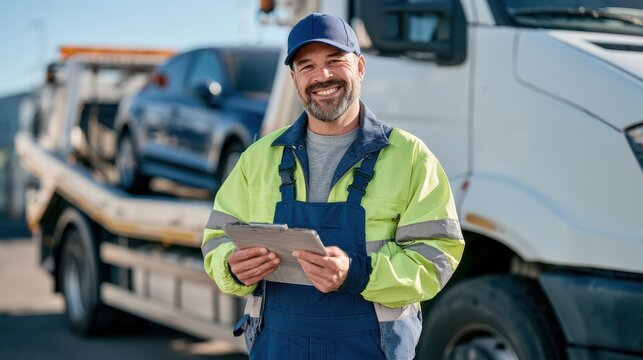 A smiling tow truck driver wearing high-visibility workwear stands in front of a flatbed truck carrying a black vehicle.