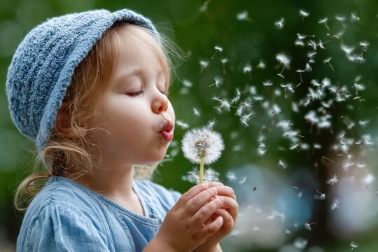 Child blowing dandelion seeds in a serene garden during springtime