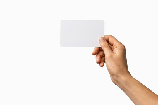 Hand holding a blank white business card isolated on white background