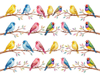 Fototapeta premium Watercolor colorful birds on tree branches seamless pattern set