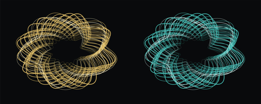 Two abstract geometric toroidal shapes in gold and turquoise with dark background