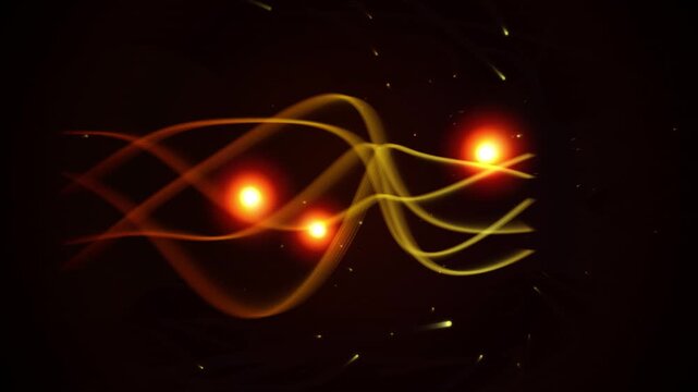 Glowing energy waves with three bright orange light orbs flow horizontally across a dark background filled with faint particle streaks, representing physics and wave dynamics.