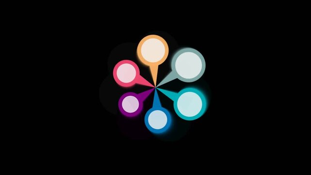 Circular diagram featuring six colorful pin-shaped nodes arranged in a radial pattern on a solid black background, perfectly suited for business presentations and data visualization.