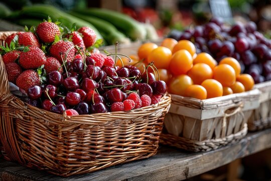 Fresh Summer Fruits Displayed in Wicker Baskets