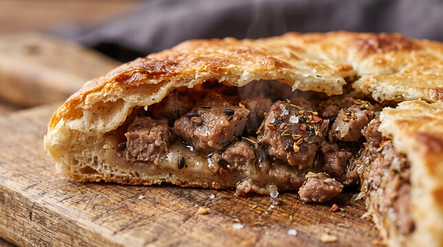 Slice of Freshly Baked Georgian Kubdari Svanetian Meat-Filled Bread with Spices Close-Up