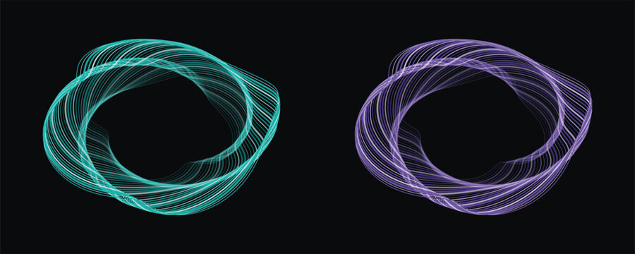 Two glowing abstract toroidal shapes with swirling light patterns in turquoise and violet on black