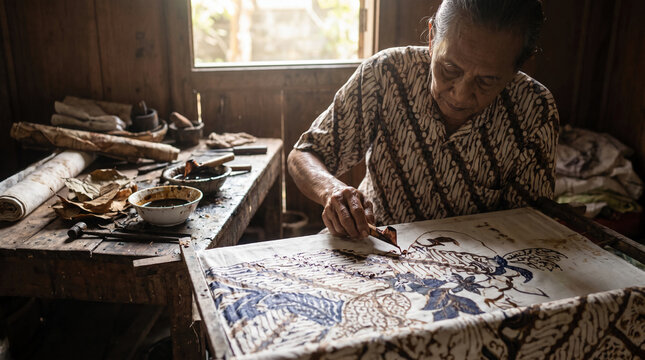 traditional indonesian woman making handmade batik tulis with canting